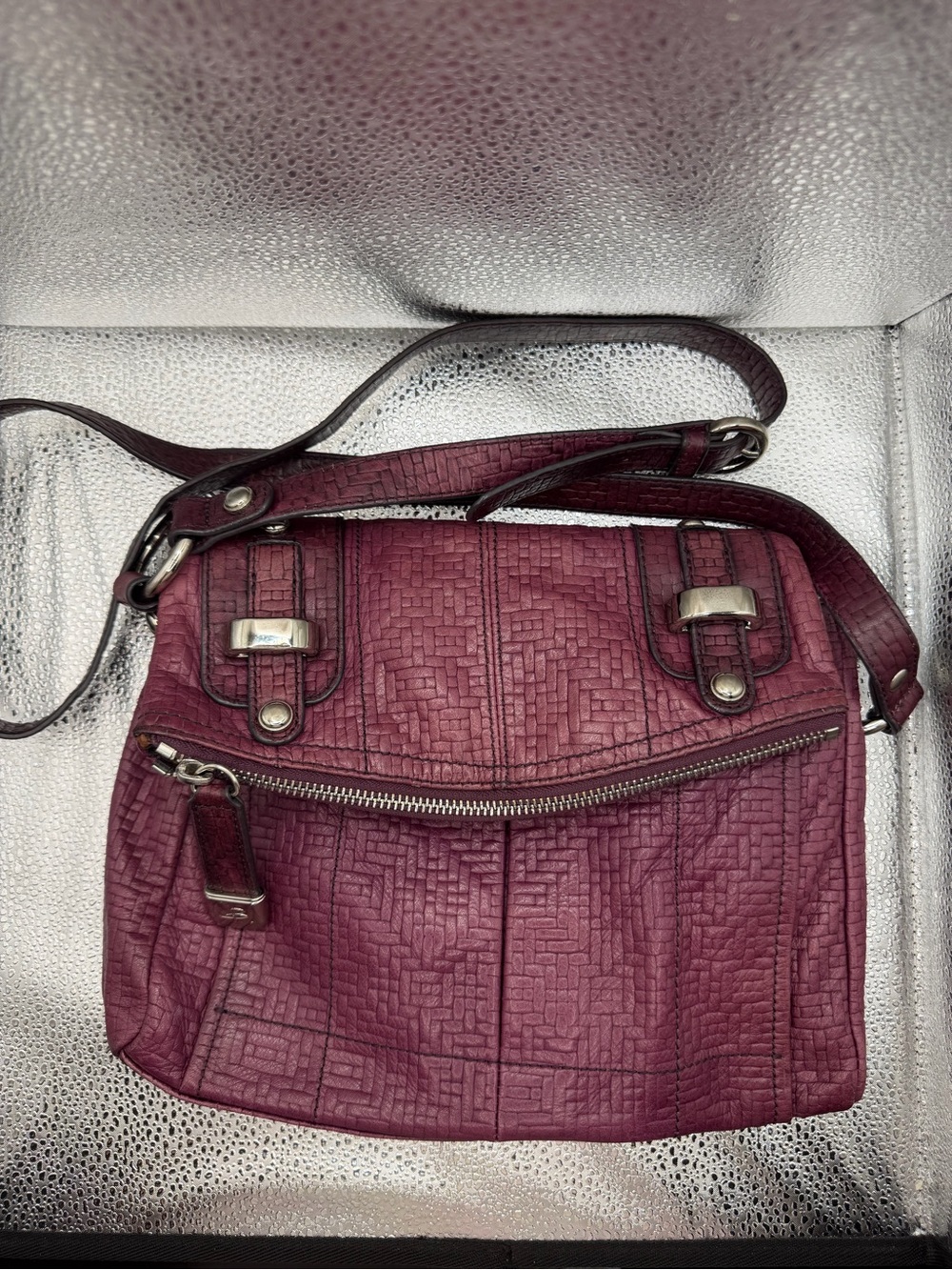 B. Makowsky Mulberry Basket-Weave Leather Crossbody Bag